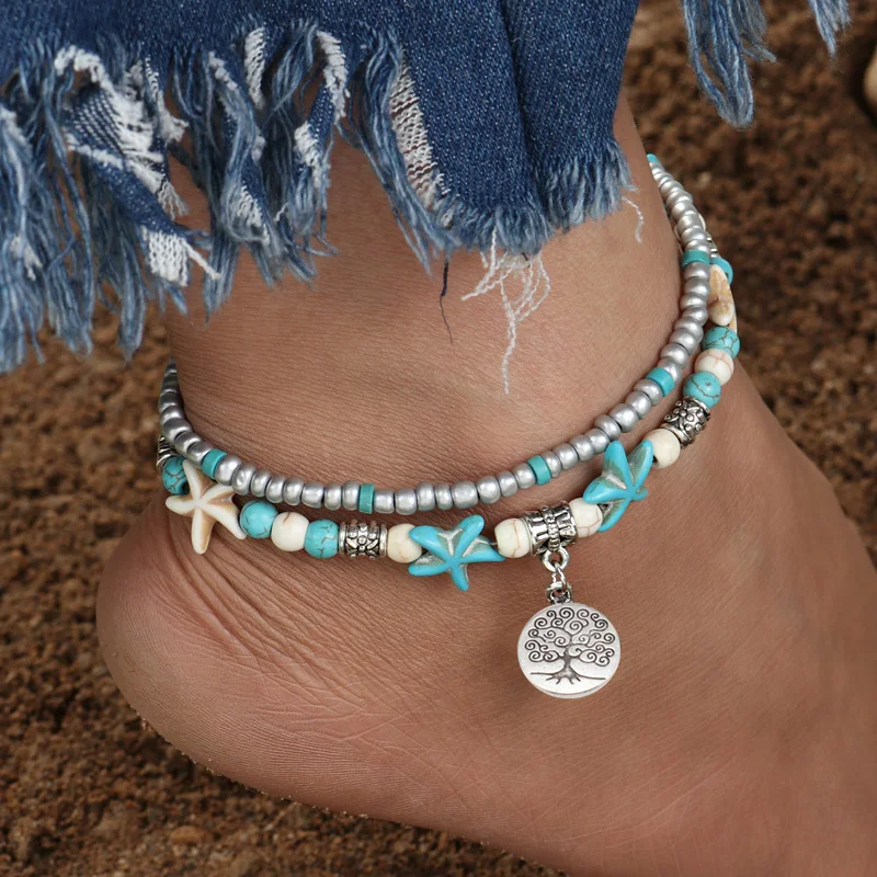 

Tenande Vintage Shell Beads Starfish Anklets For Women New Multi Layer Anklet Leg Bracelet Handmade Bohemian Jewelry Sandals