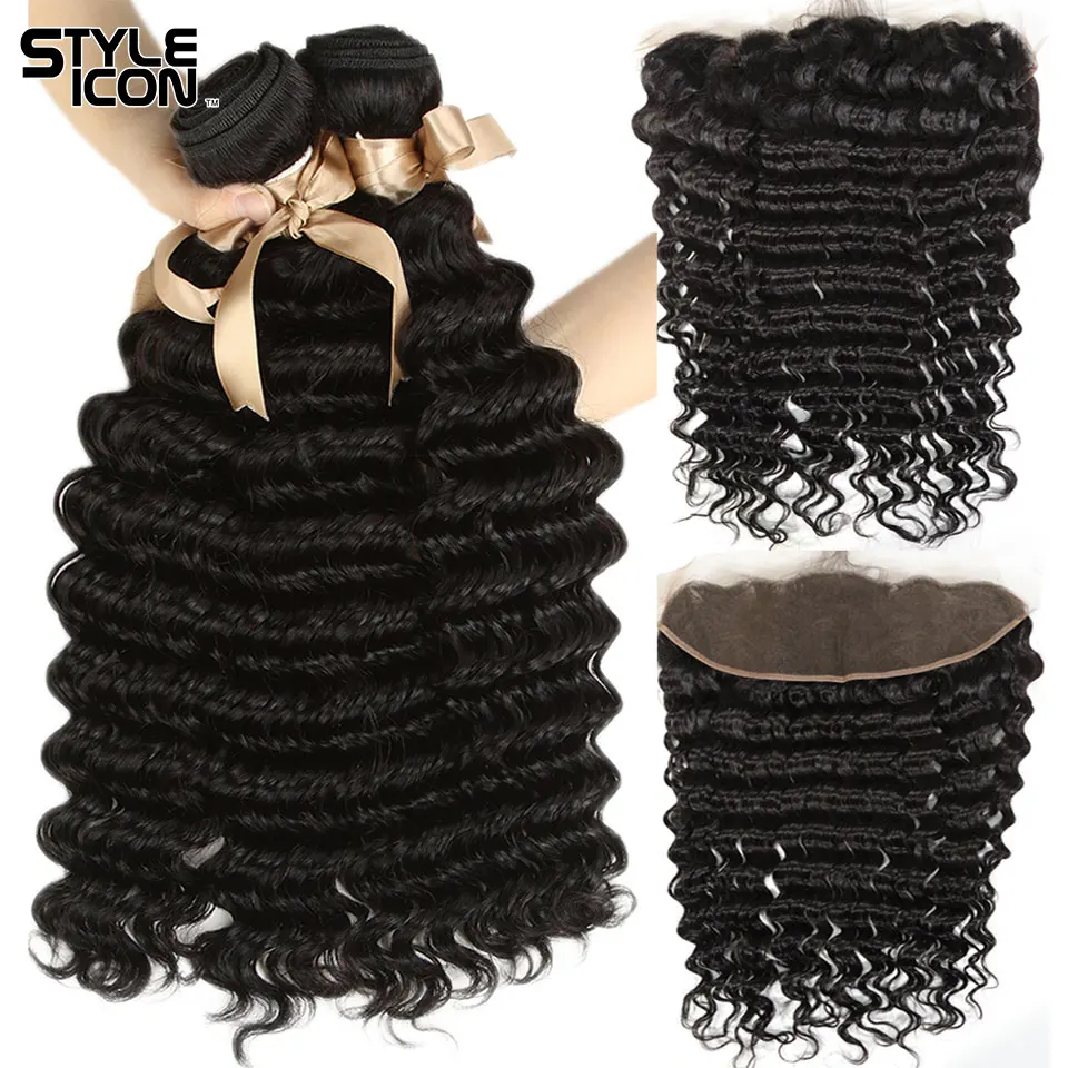 

Styleicon Malaysian Deep Wave Bundles with Closure 3 Bundles Deep Wave with Frontal 13x4 Ear to Ear with Baby Hair Non-Remy Hair