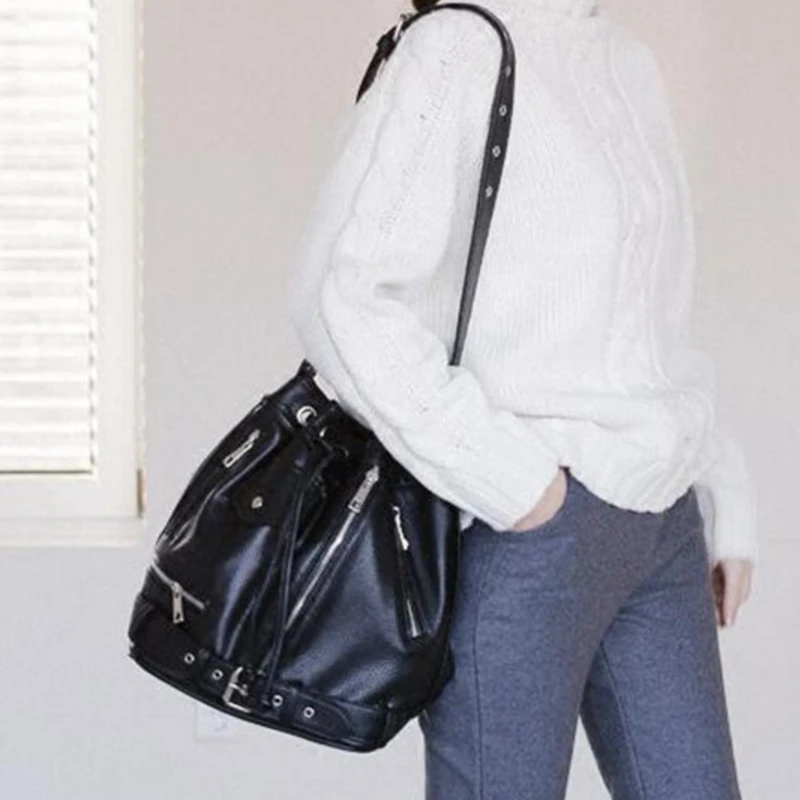 Buyuwant PU Сумка-мешок BW10-BK-csbddb сумка-мешок на шнурке Повседневная сумка через плечо женская сумка в стиле панк готический мешок