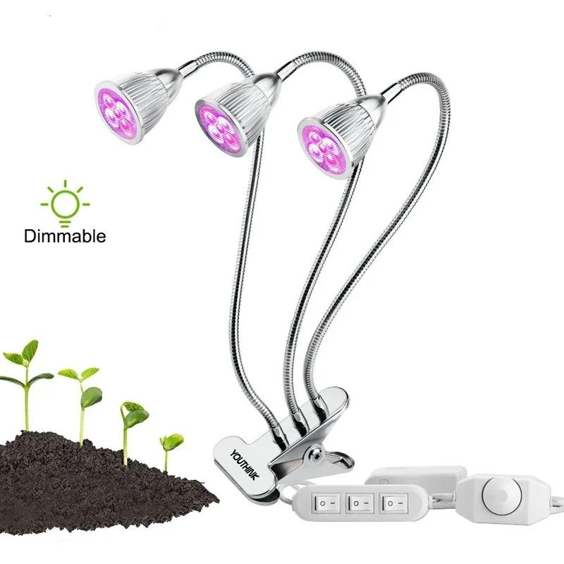 

LED Grow Light 15W Triple Heads LED Plant Grow Lamp with Rotary Dimmer Switch Full Spectrum Swivel Individual Switch Control