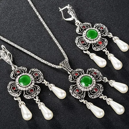 Африканское жемчужное ожерелье, серьги, набор свадебных золотых свадебных ювелирных изделий, Турецкая серебряная подвеска в виде большого камня, Серьги Brincos - Окраска металла: silver green