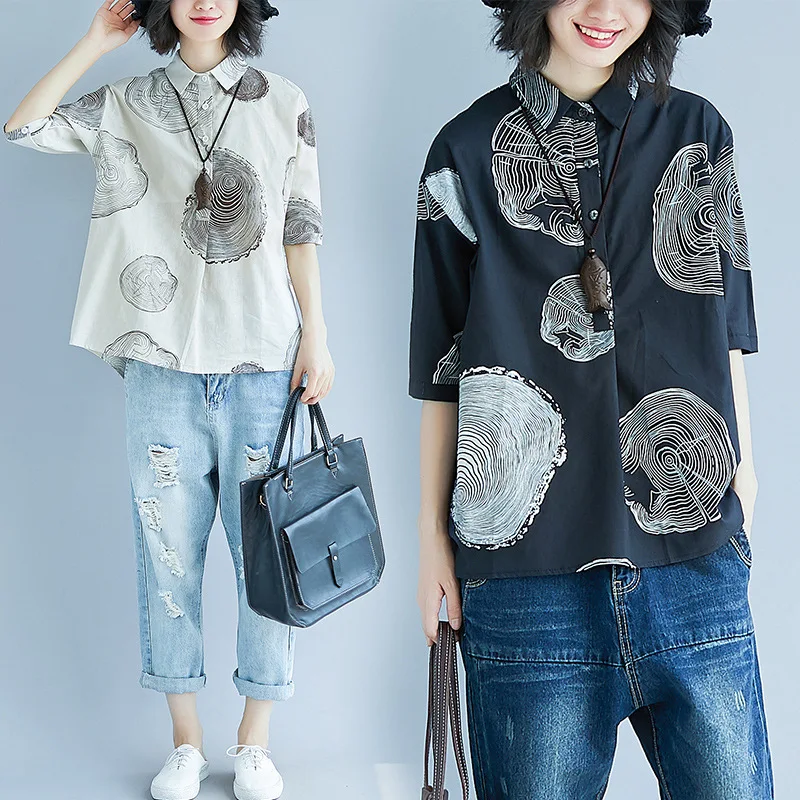 

Large size Art code printing linen shirt womens tops and blouses white black blouse fashion Cotton womens clothing