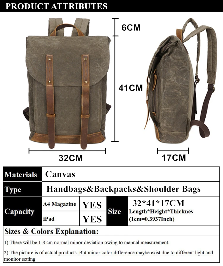 BAG DIMENSION of Woosir Vintage Waxed Canvas Backpack