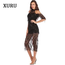 XURU new winter sequin dress hollow open shoulder slim body club dress black apricot sleeve dress open shoulder sleeve womens lace dress