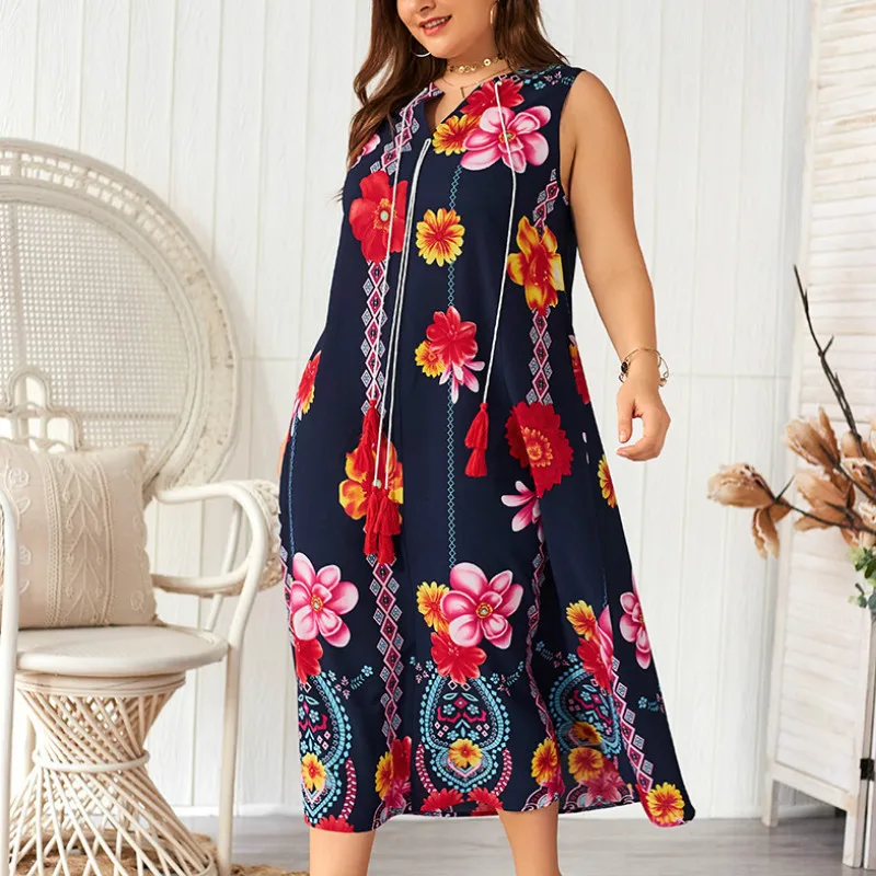 

Big Size Women Summer Boho Style Dress Floral Printed Sleeveless Midi Long Dress Loose Plus Size Party Dresses Female A007
