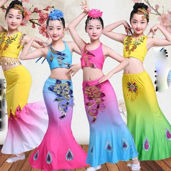 

Children Indian Traditional dance Dress Sequins Belly Dance Costume Girls Peacock Kids Dai Fish Tail Leotard Girl Dance wears