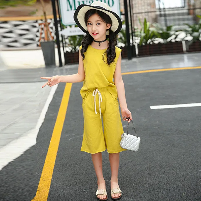 Girls Clothes Suit Solid Costume For Kids Summer Kids Suit Sleeveless ...