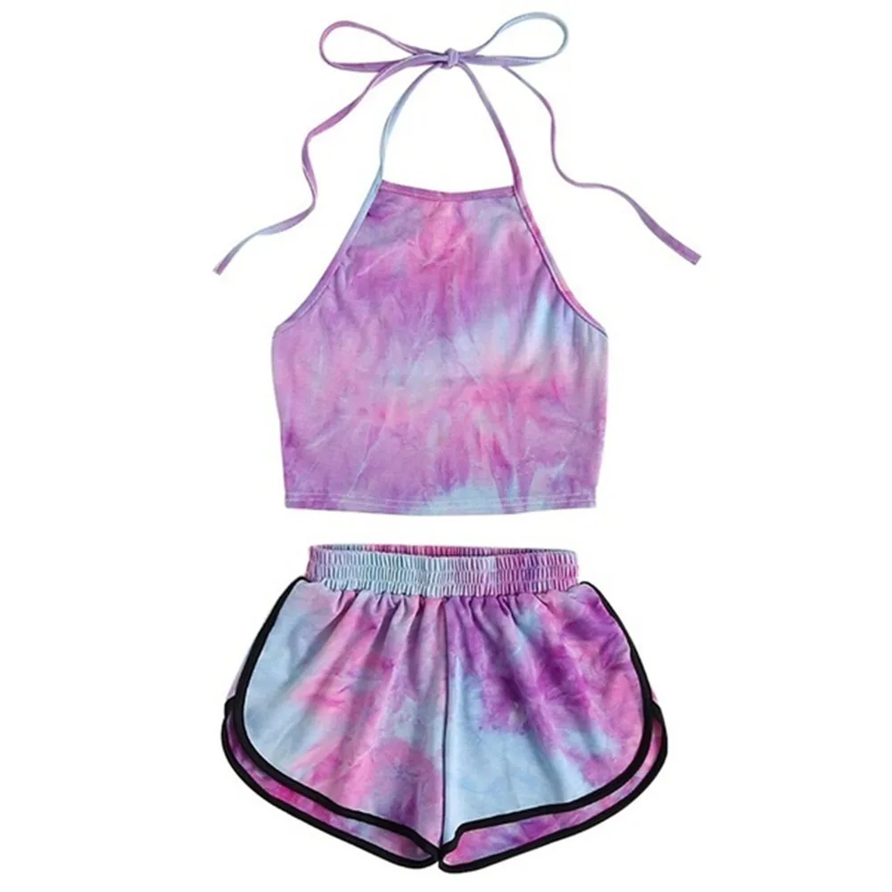 

Summer Sexy Two Piece Set Womens Tie-Dye Gradient Colored Printed Halter Backless Crop Top Wide Leg Shorts Pants Suit Beachwear