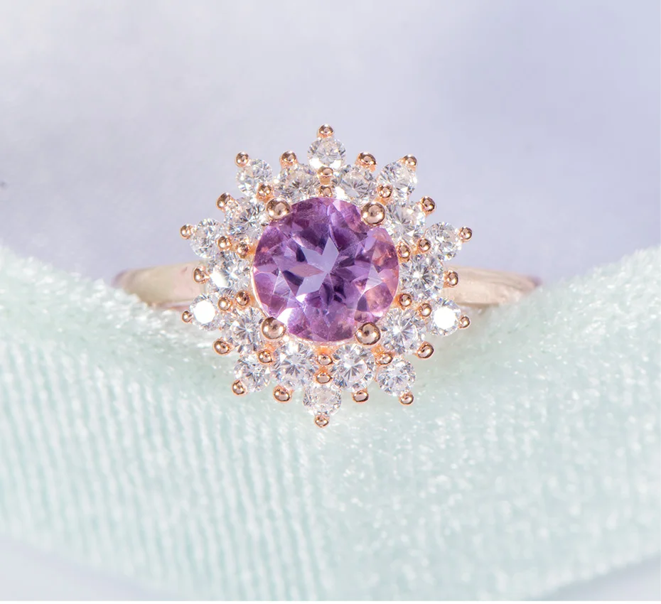 Kuolit натуральный аметистовый драгоченный камень, кольца для женщин, 925 пробы, серебро, круглая огранка, камень, розовое золото, кольцо, свадебные подарки, хорошее ювелирное изделие