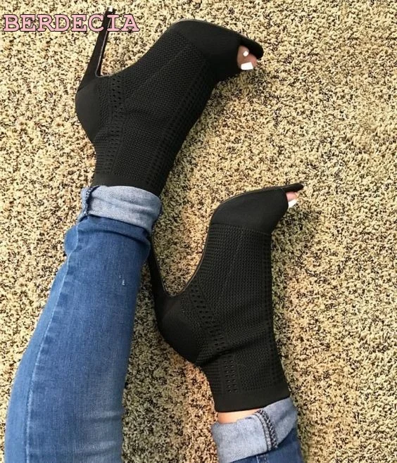 black Stretch knitting peep toe boots thin heel ankle boots fashion