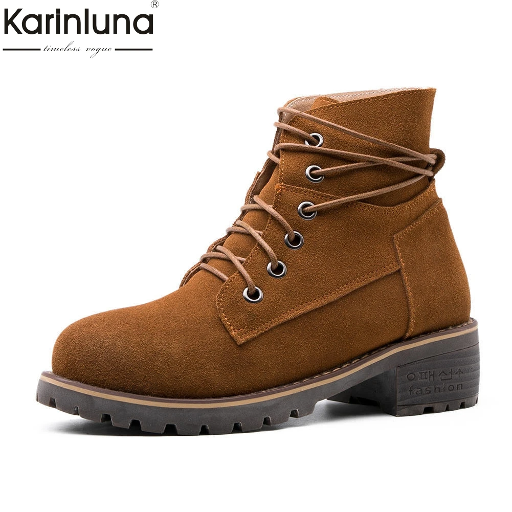 

Karinluna 2018 dropship High Quality Cow Suede Ankle Boots Woman Shoes Women Chunky Heels Lace Up Autumn Winter Boots