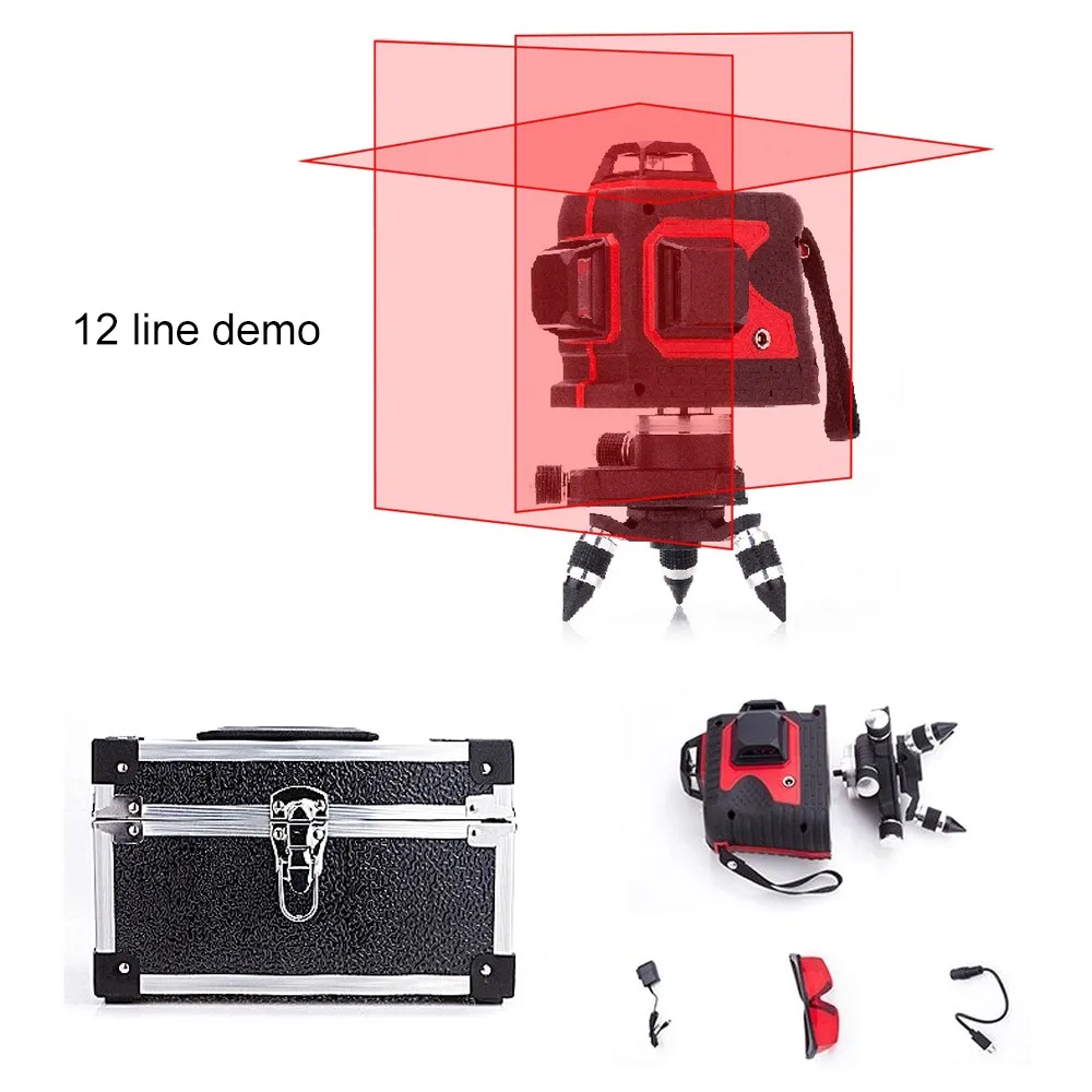 Мощный 12 линий красный зеленый лазерный уровень 8 лучевая линия алюминиевая коробка самонивелирующийся 360 звуковой сигнал тревоги горизонтальный и вертикальный крест