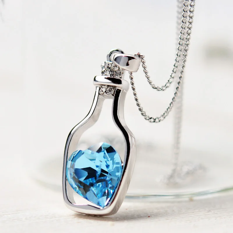 2016 New Fashion Crystal Necklace Women Jewelry Love Drift Bottles Pendant Chain Rhinestone Popular Necklace Chain 1314