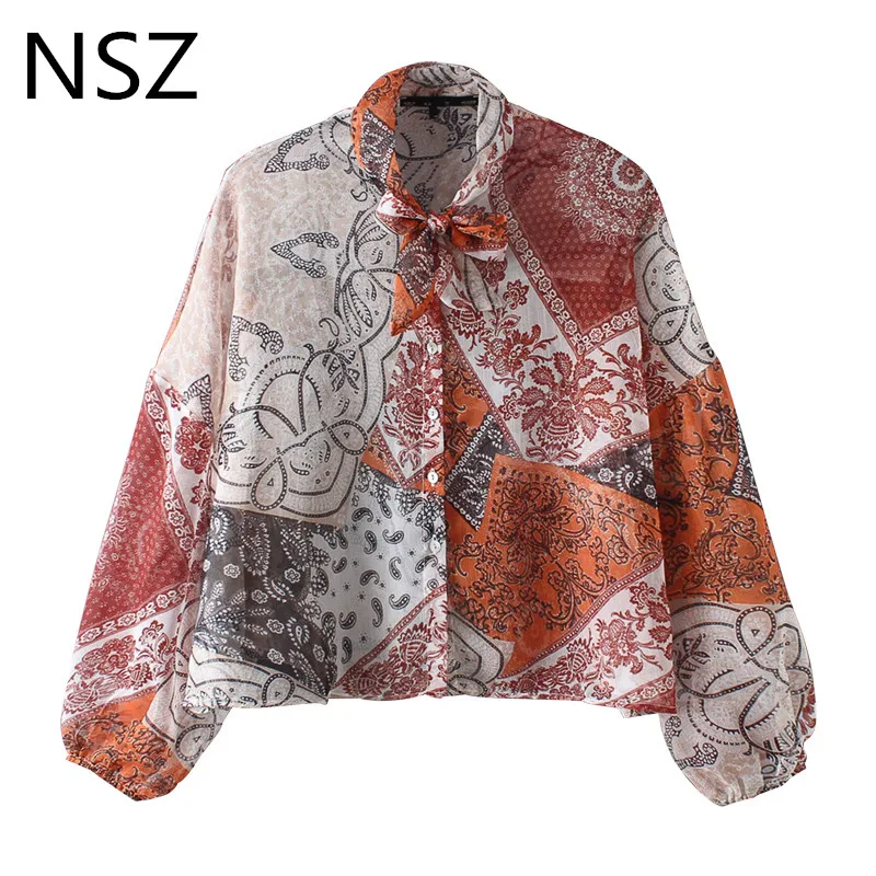 

Women Transparent Chiffon Print Oversize Blouse Loose Bow Neck See Through Sheer Shirt Long Sleeve Top Blusas mujer Camisa