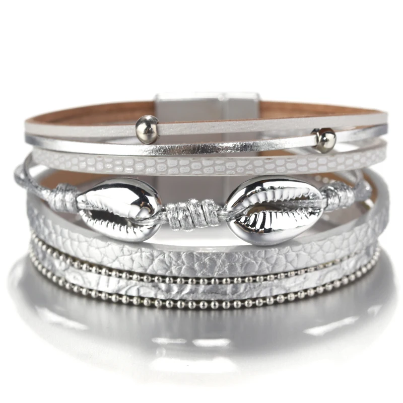 Amorcome металлический корпус Очаровательные кожаные браслеты для женщин модные богемные Многослойные широкий браслет обруча женские ювелирные изделия