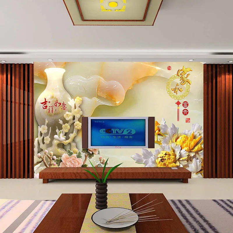 

Customized wallpaper mural Chinese style 3D Chinese pattern with embossed vase behind sofa as background in living room