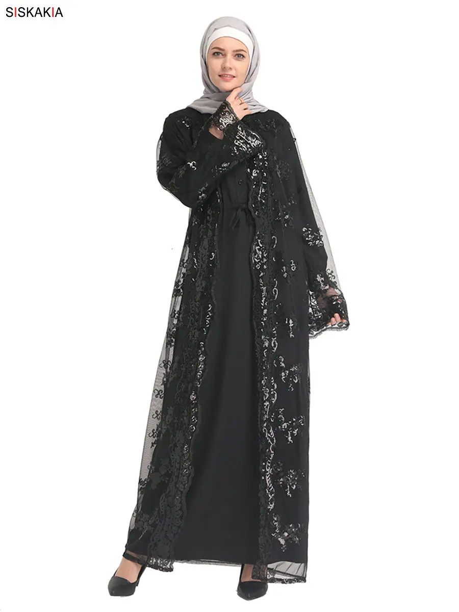 Siskakia Дубай элегантный кардиган Jubah арабский турецкий для женщин abaya внешняя одежда Модная тонкая Кружевная Сетка Hox Fix Роскошные Блестки