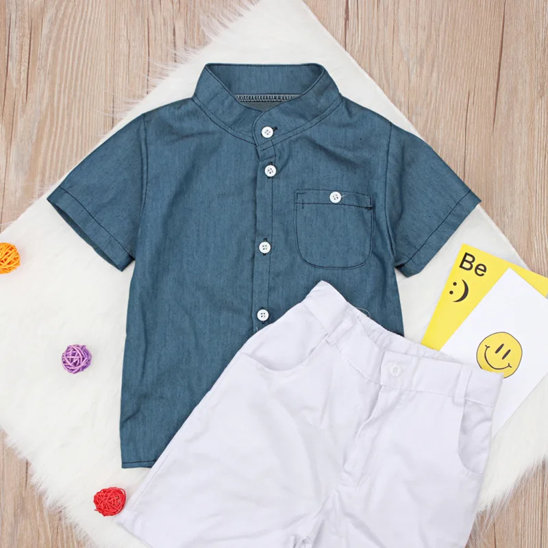 Летняя одежда для маленьких мальчиков из 2 предметов детская одежда модная синяя футболка с короткими рукавами для малышей+ белые шорты комплекты детской одежды BC1466