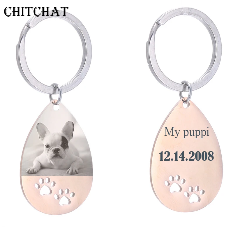 Personalized Customized Photo Engrave Dog Tag Keychains Stainless Steel Water Drop Keepsake Key Chains For Gifts