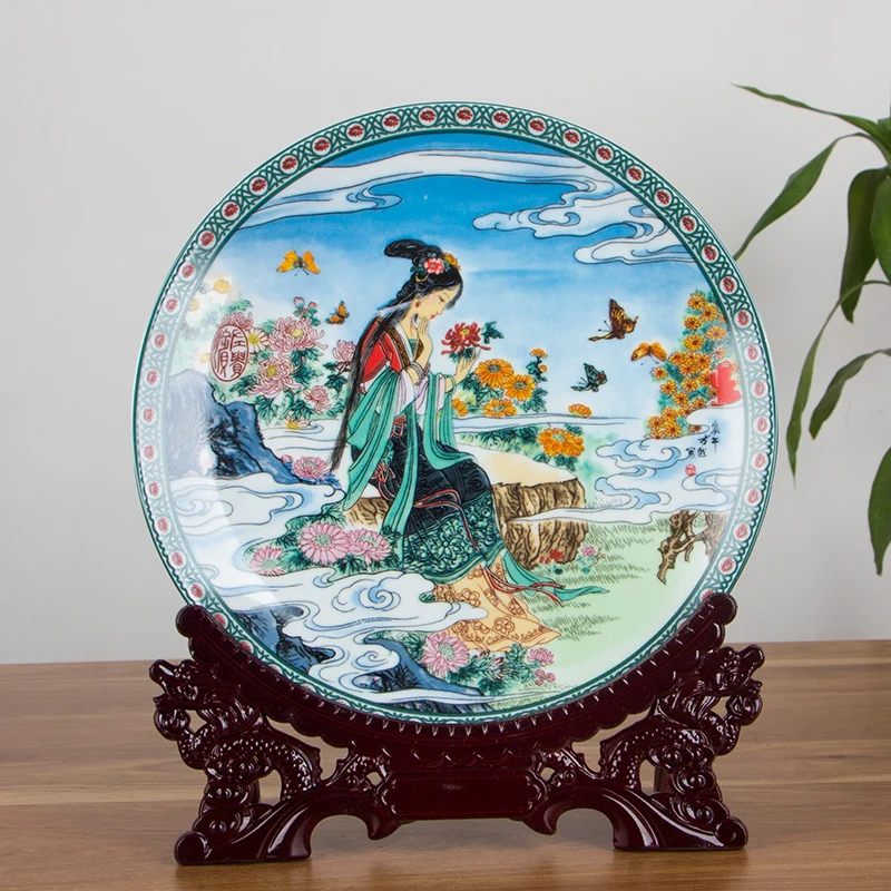 Китайский стиль древней красоты керамическая декоративная тарелка украшение круглая фарфоровая Тарелка деревянная база набор свадебный подарок