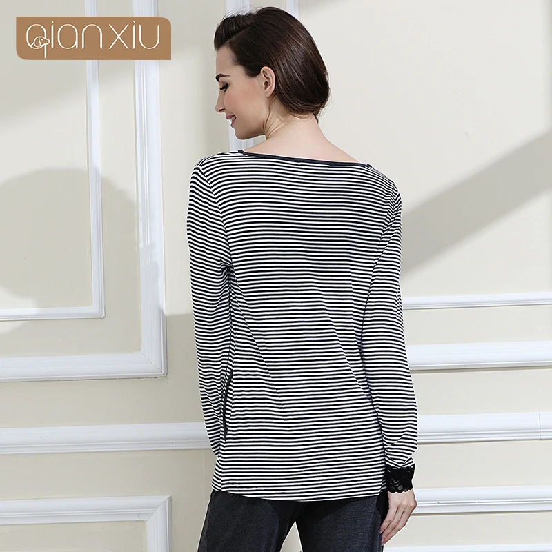 Qianxiu Brand Pajamas Classic Stripes Sleepwear Knitted V-neck Pajamas Set  Women Free Shipping
