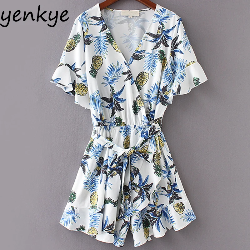 

Pineapple Print Rompers Womens Jumpsuit V Neck Butterfly Sleeve With Belt Beach Casual Summer Jumpsuit mono mujer