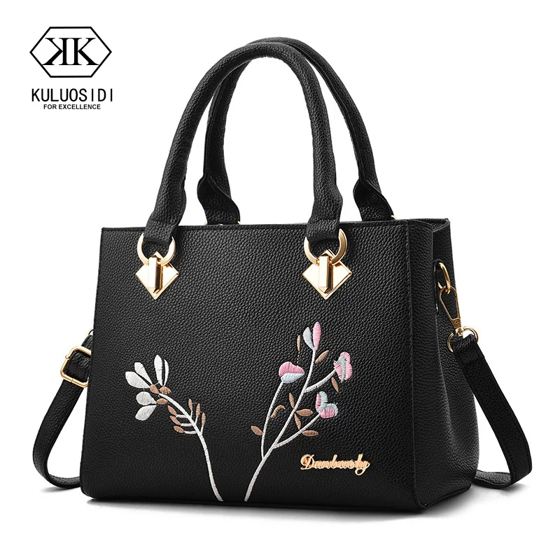 

Embroidery Women Leather Bag Handbag Flower Bag for Women 2018 Messenger Bag Sac a Main Ladies Hand Bags