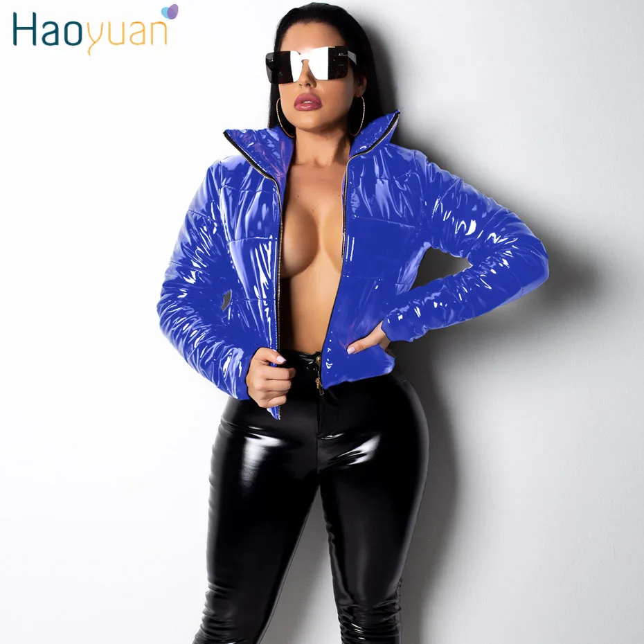 HAOYUAN Plus Size PU Leather Bubble Coat Warm Clothes Short Parka Padded Jacket Outerwear Ladies Long Sleeve Winter Jacket Women