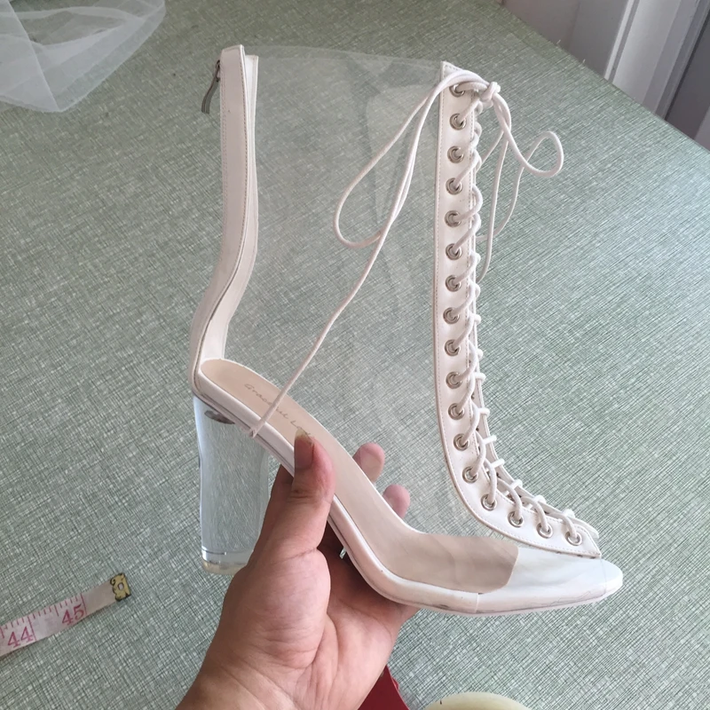 

Transparent Boots Women Custom Colors Ankle Boots for Women Lace-up Front Women Sandal Boots Clear Chunky Heel Peep Toe 2017
