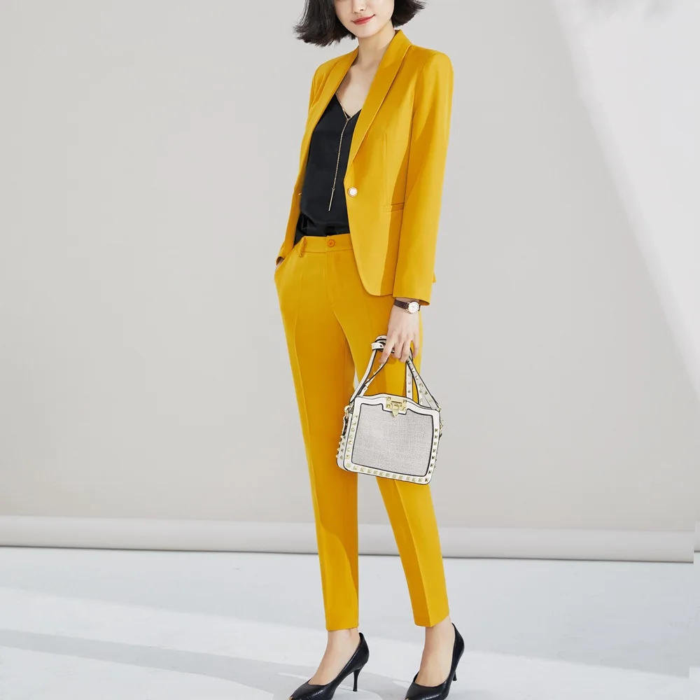 Flash Sale Pant Suit 2019 for Woman S 5XL Plus Size 2 Piece Set Yellow Blazer Jacket Yellow Trousers Costume Blazer Pants Suit Set ow0518