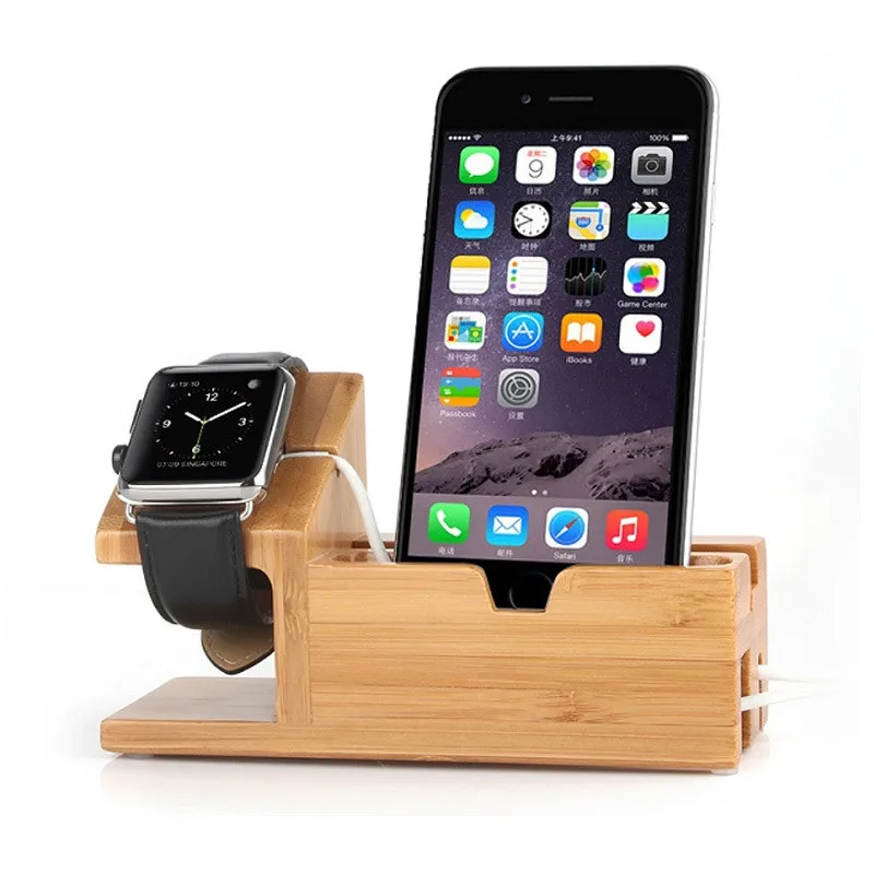 Bamboo Phone Holder 3-Port USB Charger Charging Holder Tablet Desk for iPhone 8 Samsung Cellphone stand holder Phone Cords Wood Charging Station Docks Phone Holder Stand (6)