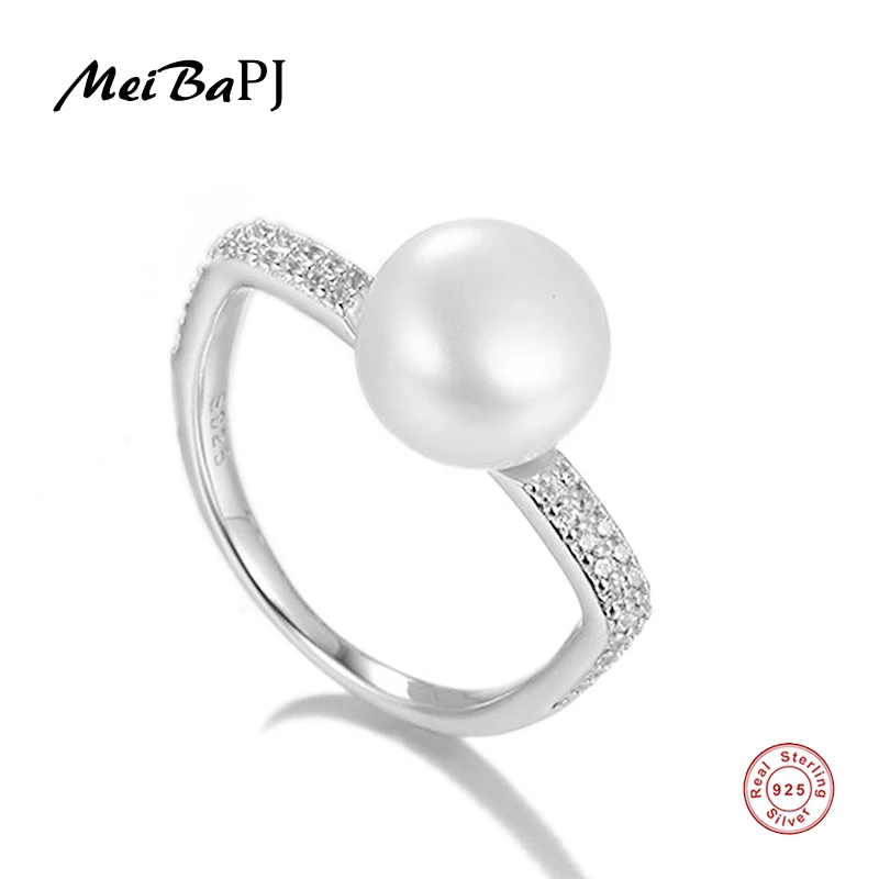 

[MeiBaPJ] Real 925 sterling silver freshwater pearl ring finger simple micro mosaic ring jewelry for women gift box