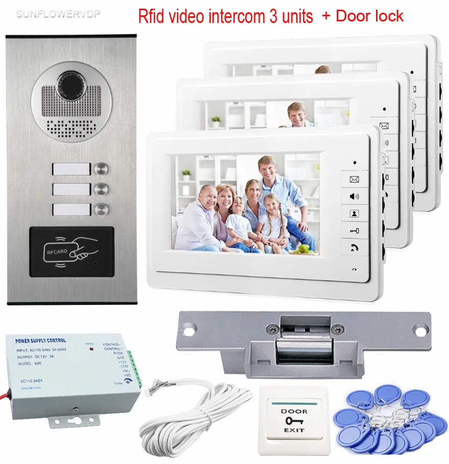 

7"Color Rfid Wired Intercom For Private House 3 Monitors CCD Video Door Phone Doorbell Intercom With Electric Strike Lock Kit