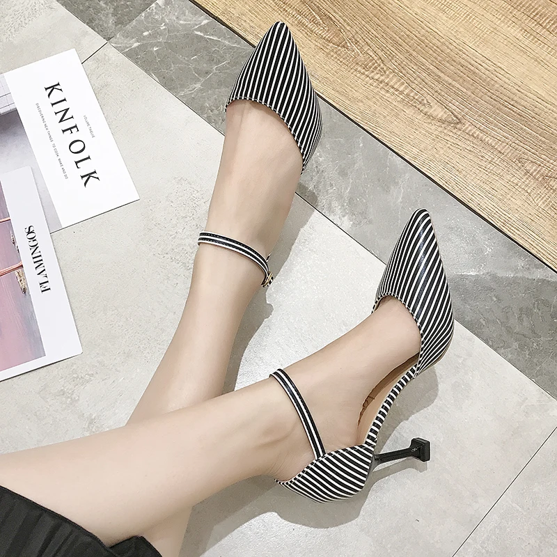 

2019 new fashion pointed 8CM high heel stripes small fresh shallow mouth comfortable high heel sandals