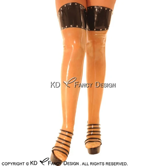 

Transparent With Black Sexy Long Latex Stockings With Zipper At Back Rivets Decoration Rubber Thigh high stockings WZ-0039