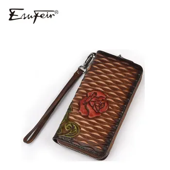 

2019 Vintage Genuine Leather Embossed Long Wallet Fashion Double-sided Flower Ladies Multi-card Wallet Designer Casual Clutch