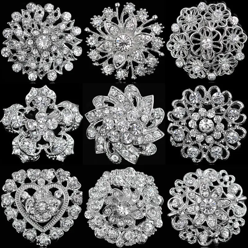 Rhinestone Crystal Silver Flower Brooches for Women Men Wedding Bridal