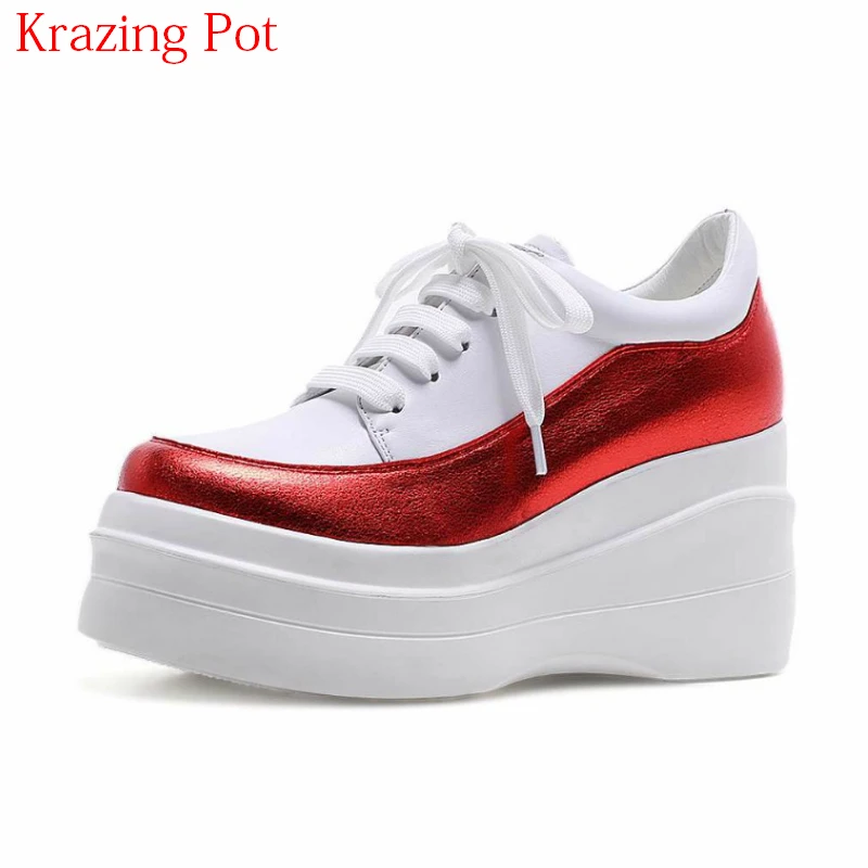 

2018 High Heels Genuine Leather Round Toe Sneaker Thick Bottom Causal Shoes Mixed Colors Lace Up Women Vulcanized Shoes L1f6