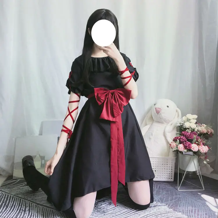 Женское японское винтажное готическое платье в стиле «лолита», темно-черное Бандажное платье с длинным рукавом, платье с бантом