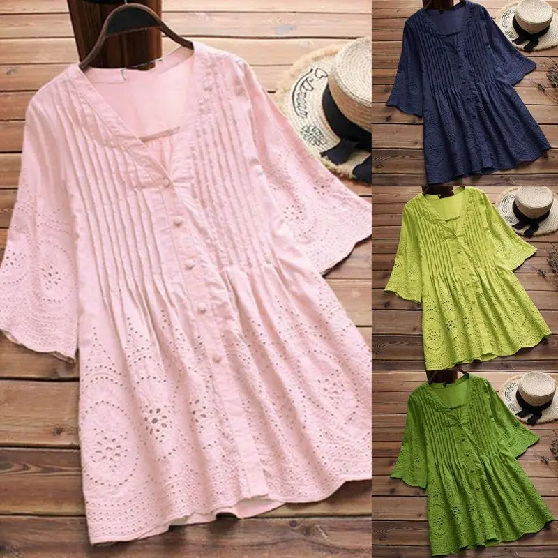 

Hot Women Blouse Elegant Embroidery Cotton Blouse Hollow Female V Neck Button Shirts Pleated Tunic Summer Tops Plus Size M-5XL