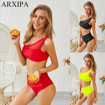 

ARXIPA 2019 Mesh Sexy Bikini Set One Shoulder Swimsuit High Waisted Women Swimwear Crop Top Bathing Suit Separate Neon Green Hot