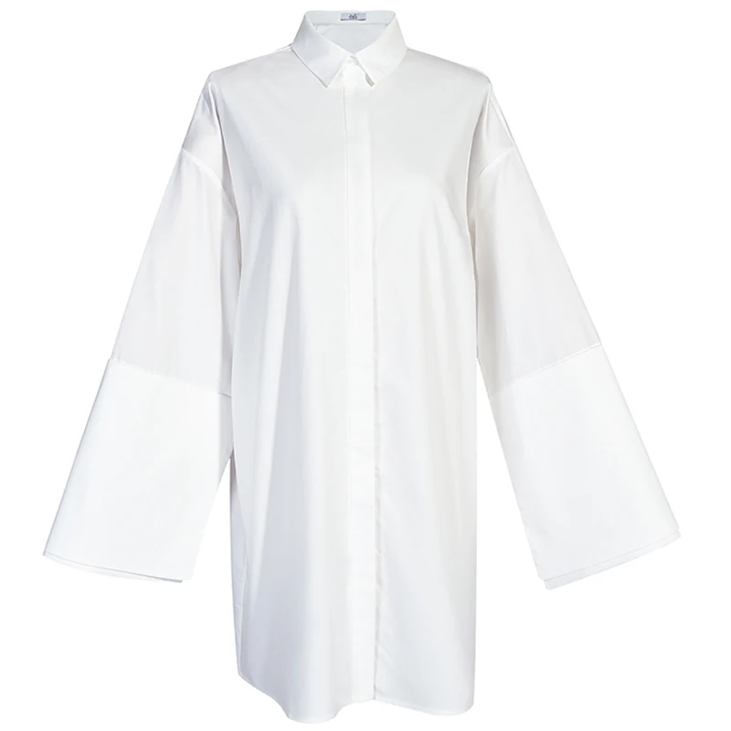 [EAM] 2019 Новое весенне-летнее платье с воротником-стойкой и длинными рукавами, свободное платье большого размера, женская блузка, мода JX816