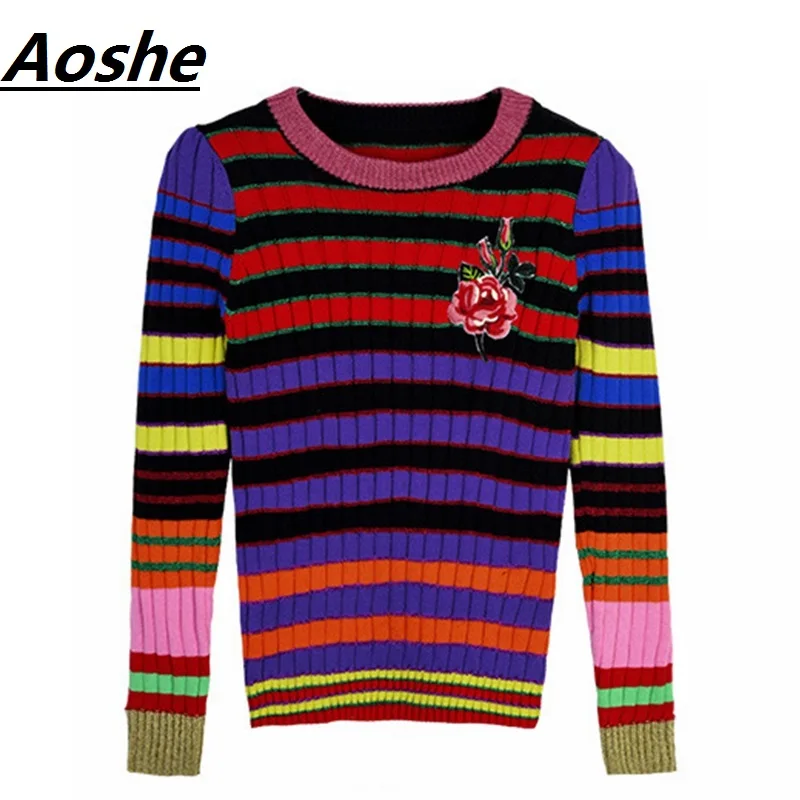 

Aoshe Lady's Sweater 2018 New Vintage Colorful Striped Patchwork Knit Sweaters Women Pullover Korean Chic Jumper