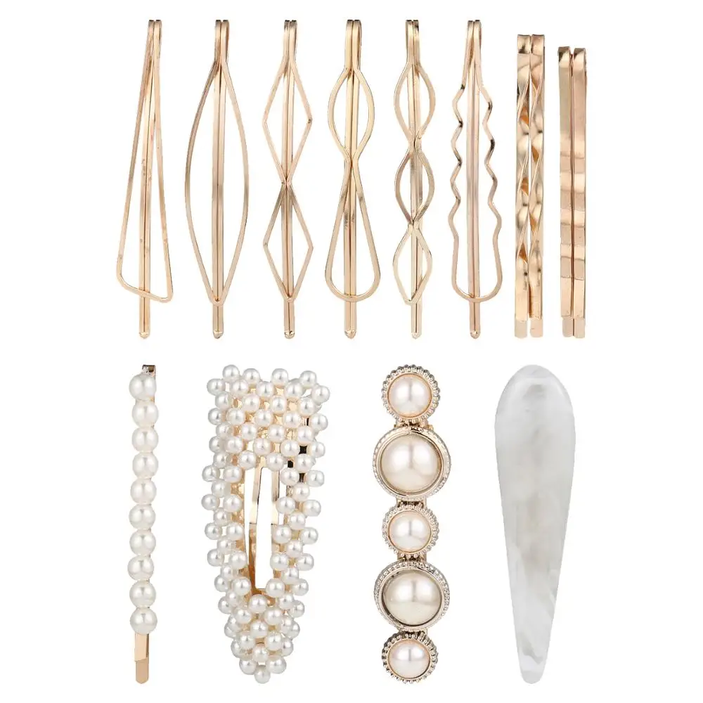 

12 Pack Gold Vintage Retro Pearl Stone Metal Hair Clips Decorative Bobby Pins Snap Barrette Comb Stick Claw Clamp Bobby Pins