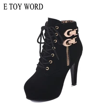 E TOY WORD 2018 Ultra High-Heeled shoes Fine heel Platform Side Zipper Ankle Boots Ladies Shoes Lace-Up large size 35-43 Boots lace up back block heeled boots