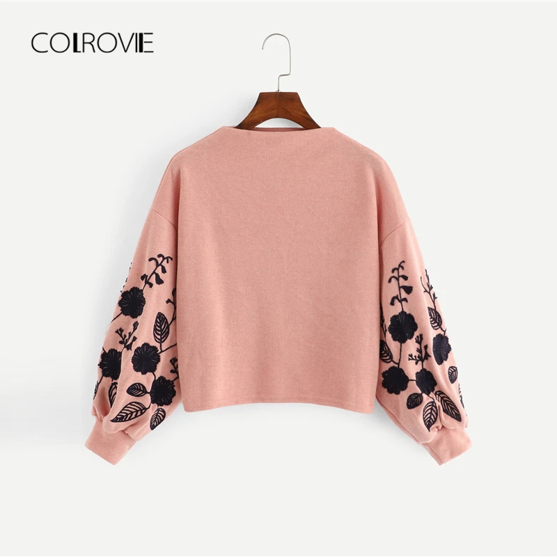 Женский свитер с цветочным принтом COLROVIE розовый вырезом на плечах и вышивкой