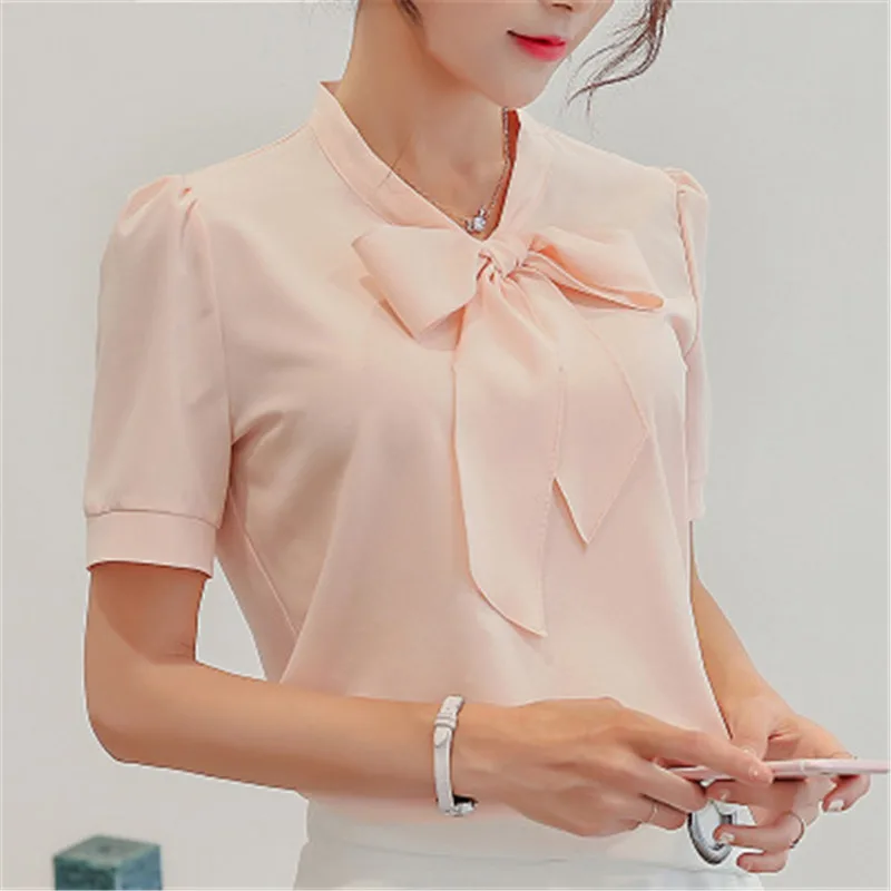 2019 New Summer Blouse Women Long Sleeve Shirts Fashion Leisure Chiffon Shirt Bow Office Ladies Pink White Tops Fashion