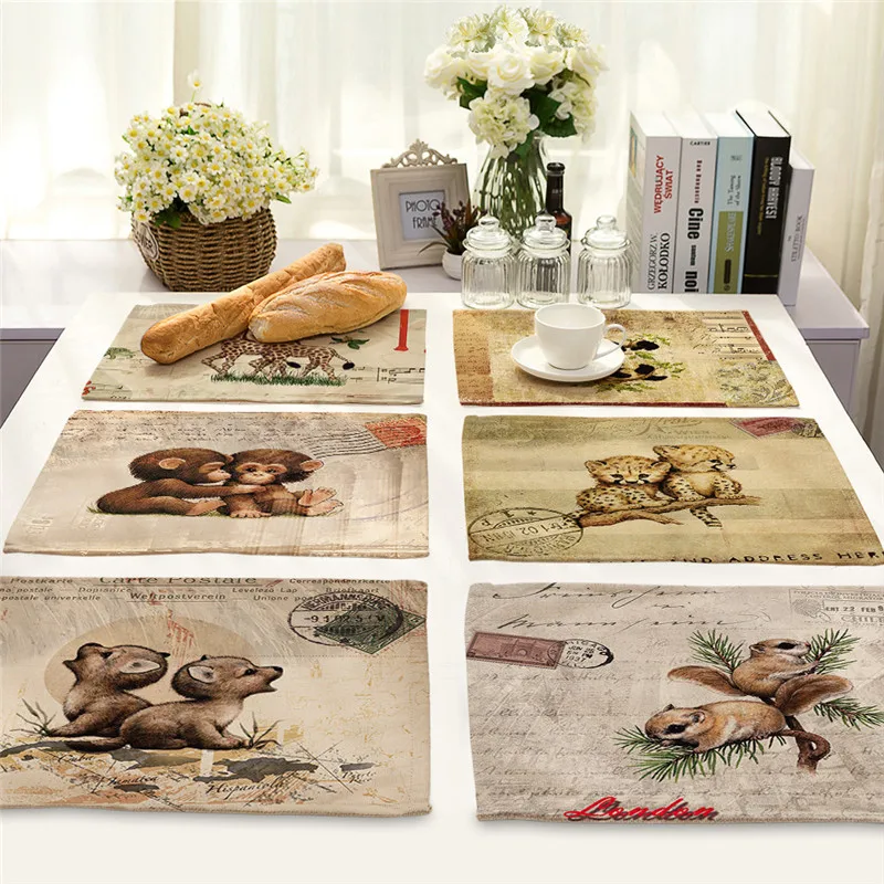

Linen Table Mats Western Bowl Pad Non-slip Animal Pattern Placemats For Dining Kitchen Decorate Table Coaster