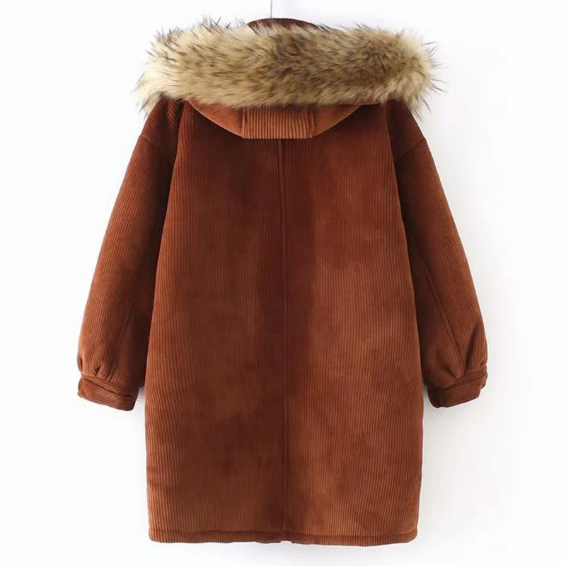 Корейская версия большого размера, Женское зимнее платье, микро-жир, свободный толстый меховой воротник, куртка с капюшоном,, длинная Вельветовая куртка