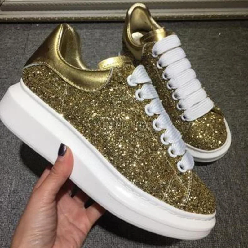 Glitter Women Sneakers Gold Sequined Cloth Women Casual Shoes Bling ...